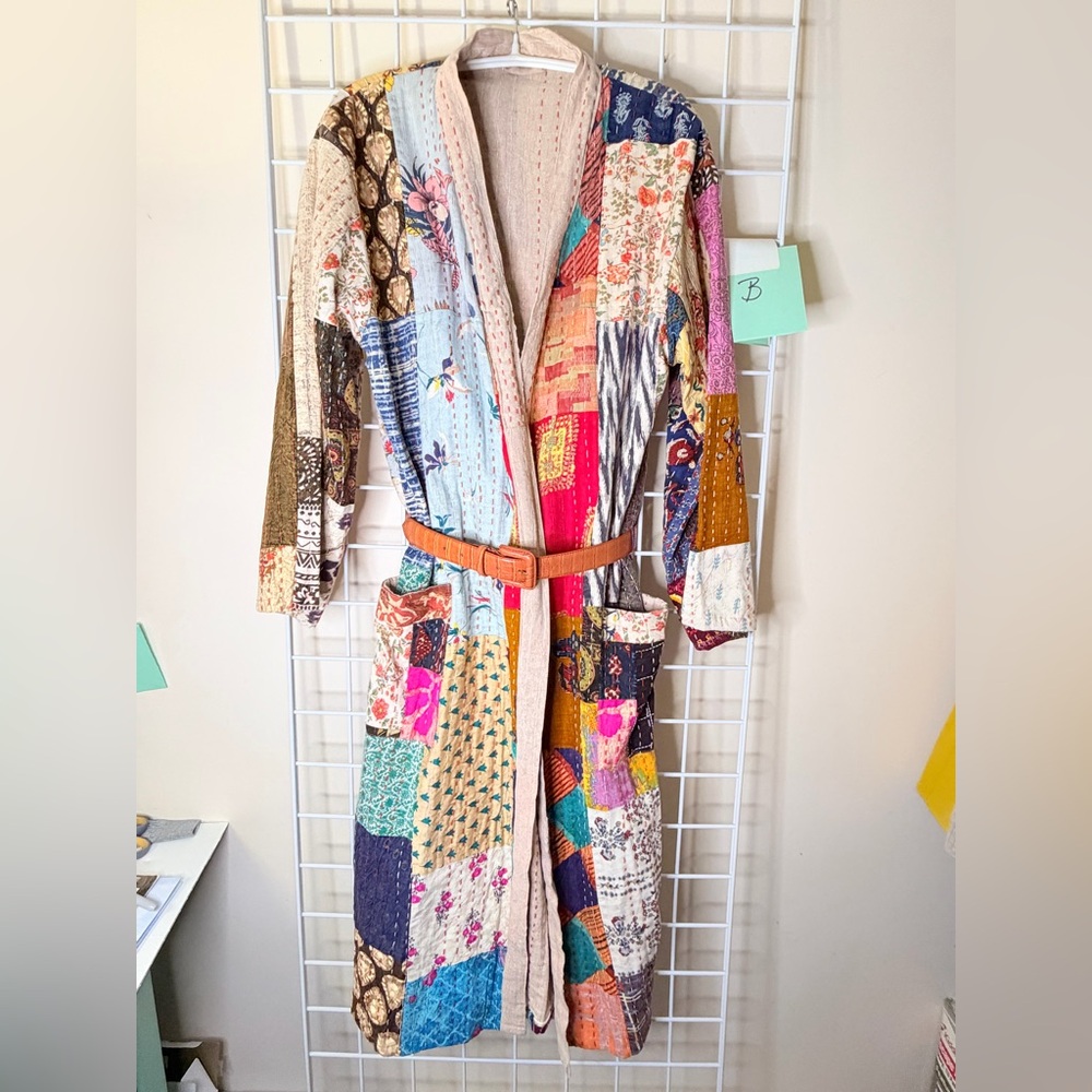 Source Unknown Multicolor Patchwork Robe With Belt - image 1